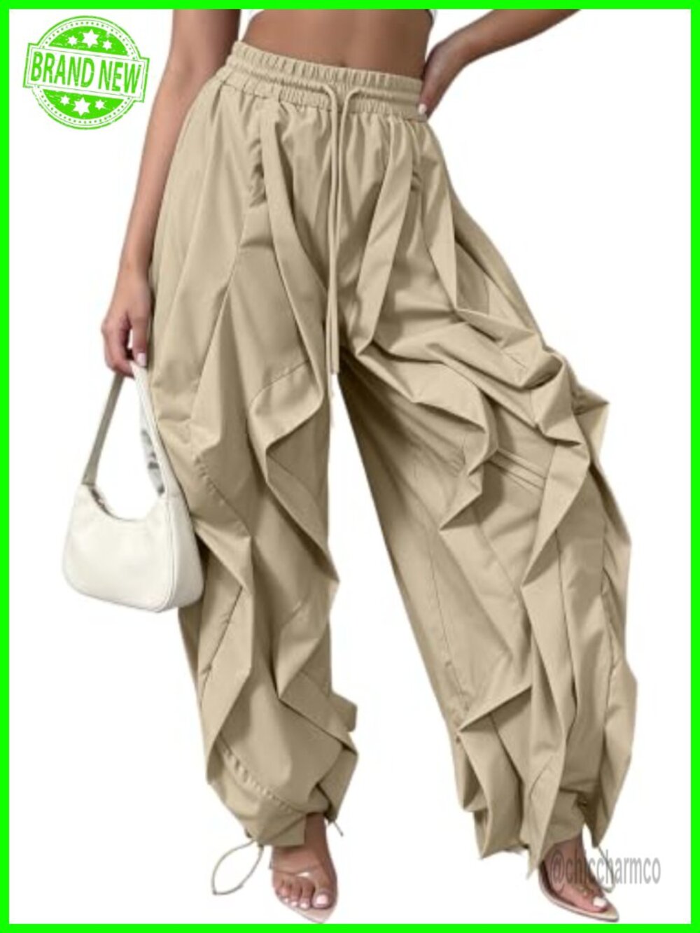 Women's Ruffle Parachute Pants Wide Leg Drawstring Joggers Polyester Spandex